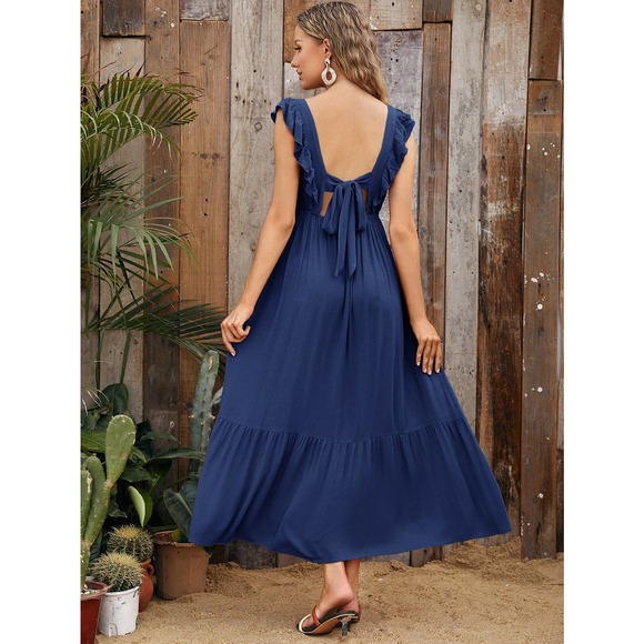 Maternity Tie Backless Ruffle Trim Dress - Picture 10 of 11